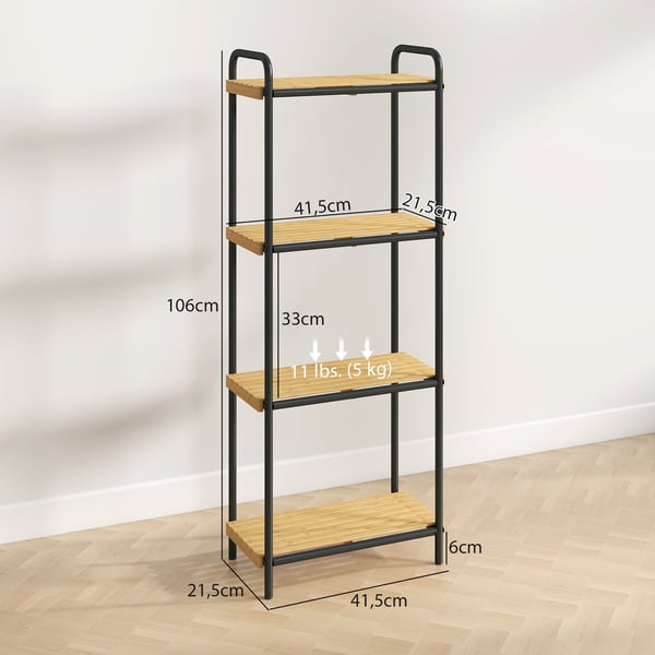 Bambu badrumshylla - Väggmonterad förvaringshylla - 4 Våningar, Öppna Hyllplan, Ribbdesign, Stålram, 41,5×21,5×106 cm - Mörk khaki