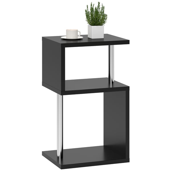 Sidobord - S-formad design - LED-belysning i 3 nivåer - Öppna hyllor - Aluminiumstomme - 44 x 38 x 75 cm - Svart
