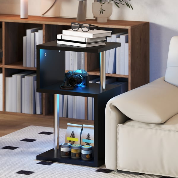 Sidobord - S-formad hyllmöbel - LED-belysning i 3 Nivåer - Öppna hyllor - Aluminiumstomme - 44×38×75 cm - För vardagsrum och sovrum - Vit
