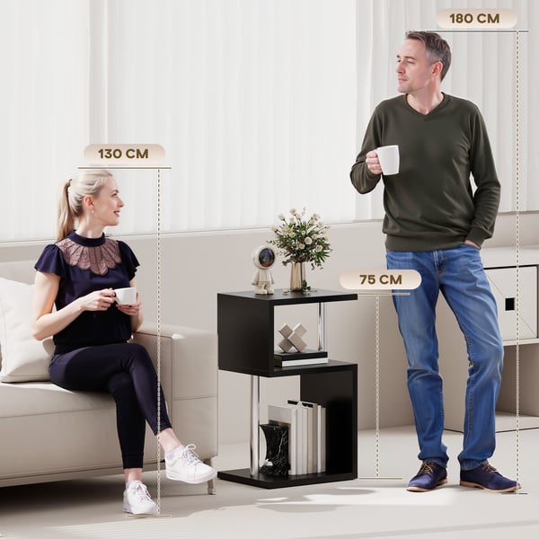 Sidobord - S-formad hyllmöbel - LED-belysning i 3 Nivåer - Öppna hyllor - Aluminiumstomme - 44×38×75 cm - För vardagsrum och sovrum - Vit
