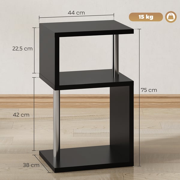 Sidobord - S-formad hyllmöbel - LED-belysning i 3 Nivåer - Öppna hyllor - Aluminiumstomme - 44×38×75 cm - För vardagsrum och sovrum - Vit