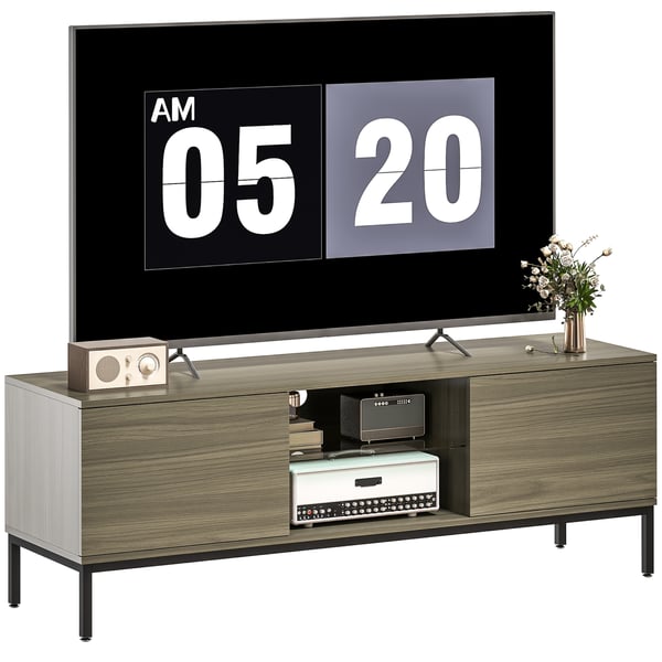 Modern TV-bänk för vardagsrum - TV-skåp - För TV upp till 152 cm - 2 öppna fack - Justerbar glashylla - 2 kabelhål - 140 x 40 x 49,5 cm - Grå