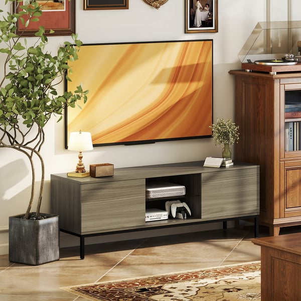 Modern TV-bänk för vardagsrum - TV-skåp - För TV upp till 152 cm - 2 öppna fack - Justerbar glashylla - 2 kabelhål - 140 x 40 x 49,5 cm - Grå