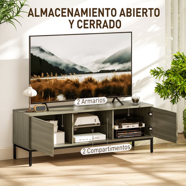 Modern TV-bänk för vardagsrum - TV-skåp - För TV upp till 152 cm - 2 öppna fack - Justerbar glashylla - 2 kabelhål - 140 x 40 x 49,5 cm - Grå