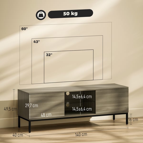 Modern TV-bänk för vardagsrum - TV-skåp - För TV upp till 152 cm - 2 öppna fack - Justerbar glashylla - 2 kabelhål - 140 x 40 x 49,5 cm - Grå
