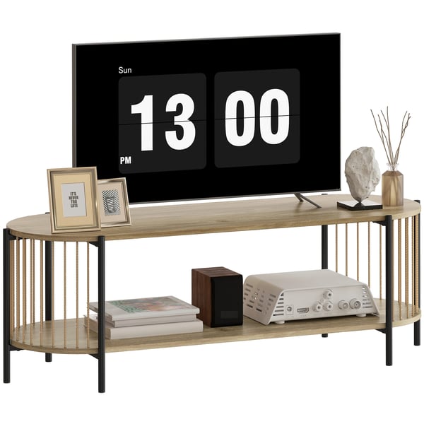 Modern TV-möbel - TV-bänk/TV-bord - För TV upp till 140 cm - Design i papperssnöre - 2 öppna hyllor - 124x43,5x41 cm - Natur