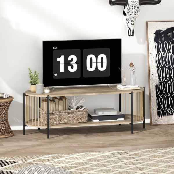 Modern TV-möbel - TV-bänk/TV-bord - För TV upp till 140 cm - Design i papperssnöre - 2 öppna hyllor - 124x43,5x41 cm - Natur