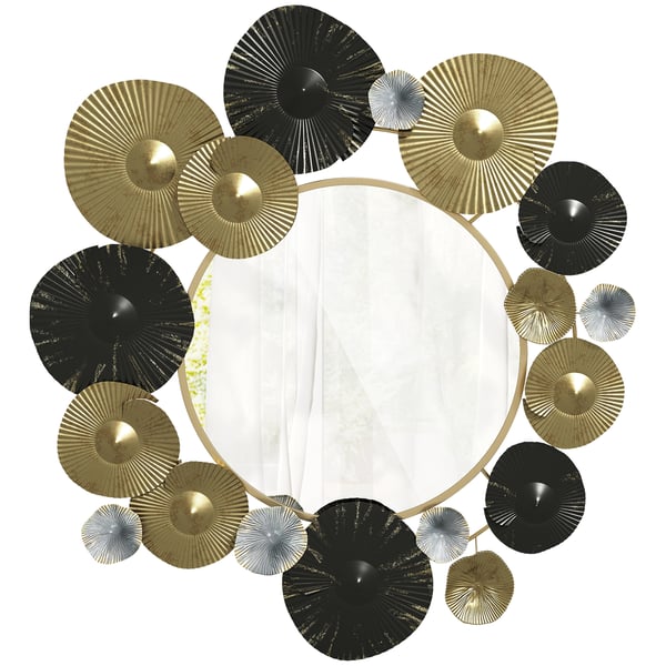 Väggspegel - Väggdekoration i metall - 84 x 84 cm - För vardagsrum, sovrum, hall - Metallram - Guld och svart
