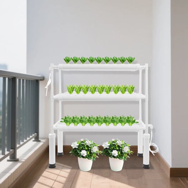 Hydroponisk dyrkningssæt - Vertikalt tårn - 108 plantehuller - 3 niveauer - Timer 5/15/30 min - Auto-sluk 30/60/120 min - EU-stik - Lysgrå