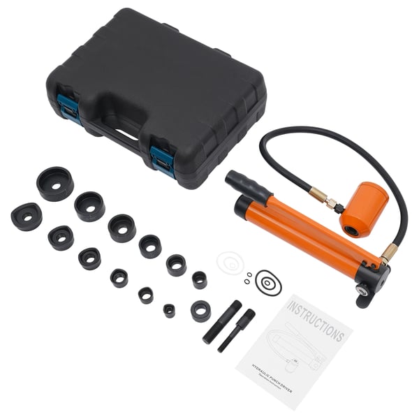 Hydraulinen lävistysarja - Käsipumppumalli - 80 kN - 6 lävistintä Ø 1,27–5,08 cm - Levyille/sähkökeskuksiin - Oranssi