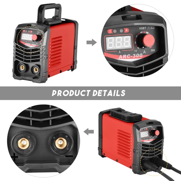 MMA/ARC Inverter Svejsemaskine - 300A IGBT Elektrodesvejser - CE Godkendt - Med Elektrodeholder, Jordklemme, Maske, Børste, Svejdestænger - Rød