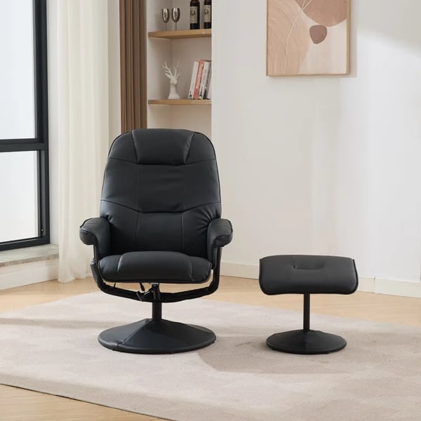 Massagestol - Recliner/TV-stol - PU-læder - Varme - 360° drejbar - Fodskammel - Lænefunktion - Sort