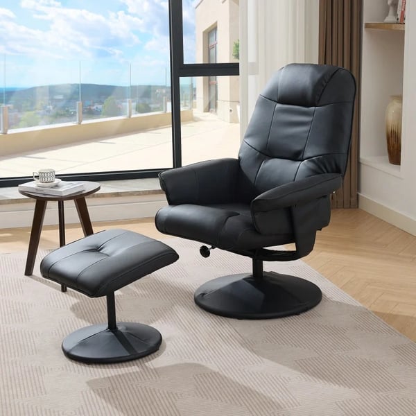 Massagestol - Recliner/TV-stol - PU-læder - Varme - 360° drejbar - Fodskammel - Lænefunktion - Sort