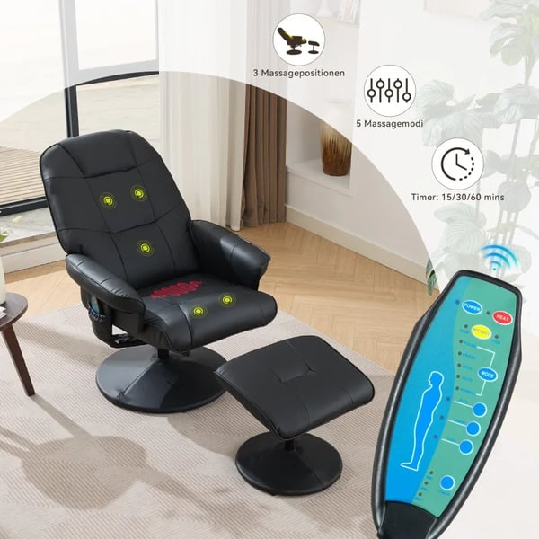 Massagestol - Recliner/TV-stol - PU-læder - Varme - 360° drejbar - Fodskammel - Lænefunktion - Sort