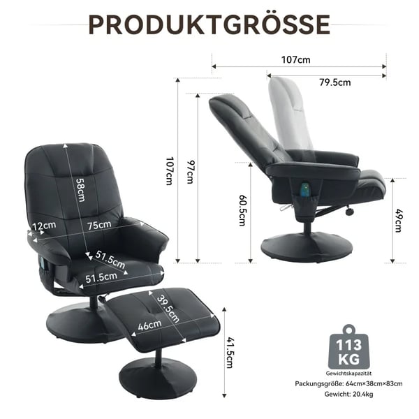 Massagestol - Recliner/TV-stol - PU-læder - Varme - 360° drejbar - Fodskammel - Lænefunktion - Sort
