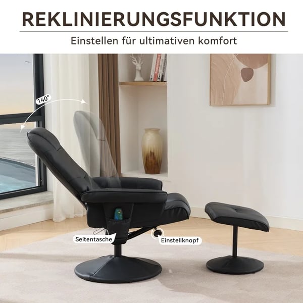 Massagestol - Recliner/TV-stol - PU-læder - Varme - 360° drejbar - Fodskammel - Lænefunktion - Sort
