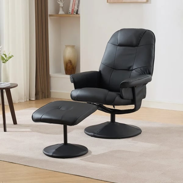 Massagestol - Recliner/TV-stol - PU-læder - Varme - 360° drejbar - Fodskammel - Lænefunktion - Sort