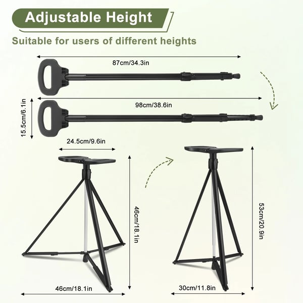 Stok med sæde - Foldbar stokstol - Justerbar højde, Aluminiumlegering, Gummigreb, Til ældre og vandreture - Sort