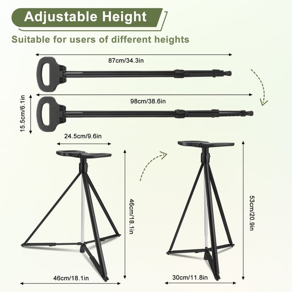 Stok med sæde - Foldbar stokstol - Justerbar højde, Aluminiumlegering, Gummigreb, Til ældre og vandreture - Sort