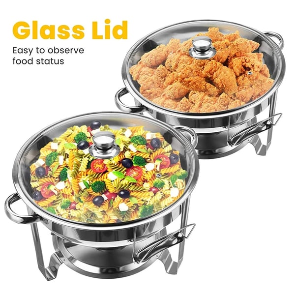 Chafing Dish Buffetvarmer - 2-pak Sæt - 4 l, Vandbad, Brænderholder, Låg, Metal - Sølv