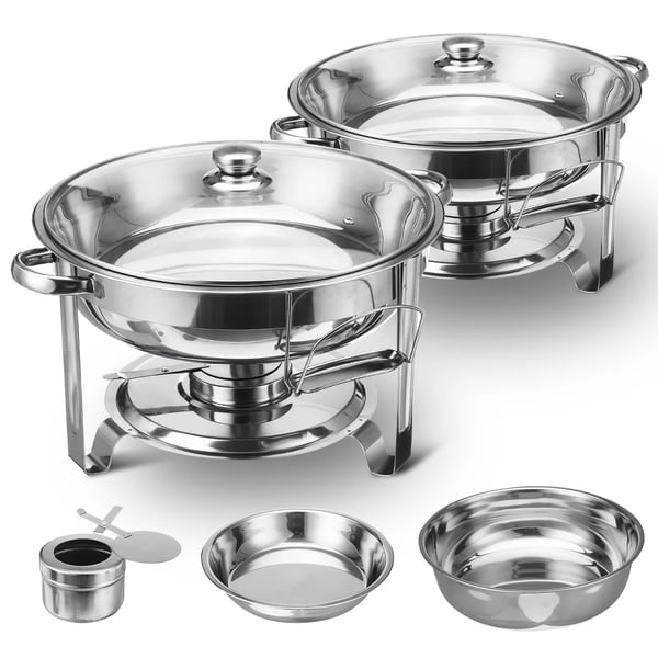 Chafing Dish Buffetvarmer - 2-pak Sæt - 4 l, Vandbad, Brænderholder, Låg, Metal - Sølv