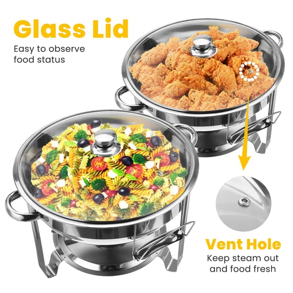 Chafing Dish Buffetvarmer - 2-pak Sæt - 4 l, Vandbad, Brænderholder, Låg, Metal - Sølv