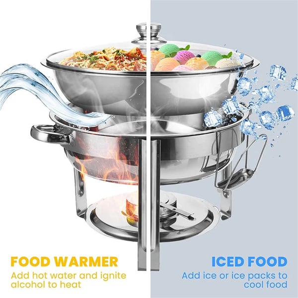 Chafing Dish Buffetvarmer - 2-pak Sæt - 4 l, Vandbad, Brænderholder, Låg, Metal - Sølv