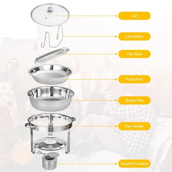 Chafing Dish Buffetvarmer - 2-pak Sæt - 4 l, Vandbad, Brænderholder, Låg, Metal - Sølv