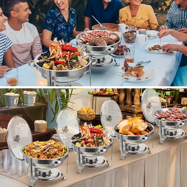 Chafing Dish Buffetvarmer - 2-pak Sæt - 4 l, Vandbad, Brænderholder, Låg, Metal - Sølv