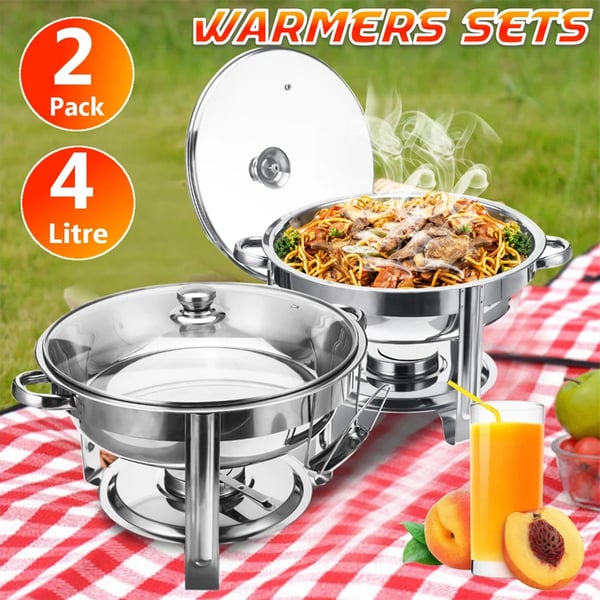 Chafing Dish Buffetvarmer - 2-pak Sæt - 4 l, Vandbad, Brænderholder, Låg, Metal - Sølv