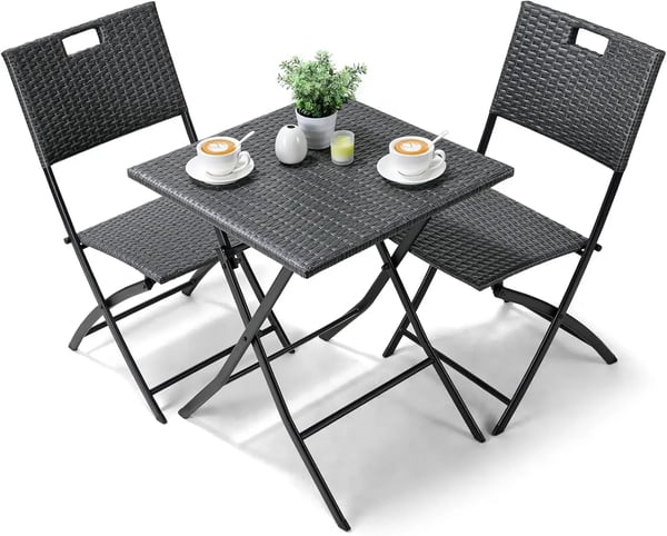 Have-bistrosæt - 3-delt Udemøbelsæt - 1 Bord + 2 Stole - Rattan/Flet - Moderne Stil - 2 Siddepladser - Sort