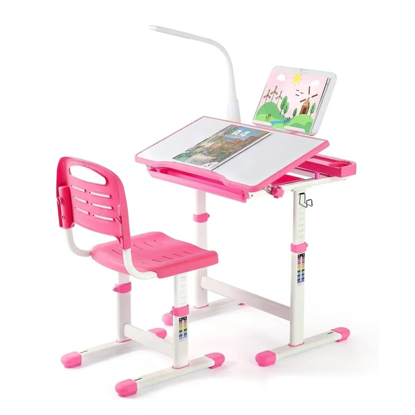 Børneskrivebord og stol - Sæt - Højdejusterbar - LED-lampe - Skuffe - Bogstativ - Ergonomisk - 74,5 x 66,5 x 49,5 cm - Pink