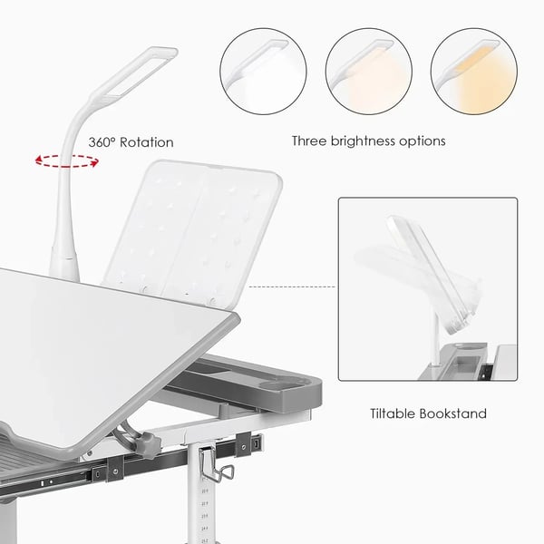 Børneskrivebord og stol - Sæt - Højdejusterbar - Med LED-lampe - Skuffe - Bogholder - 74,5 x 66,5 x 49,5 cm - Lysegrå