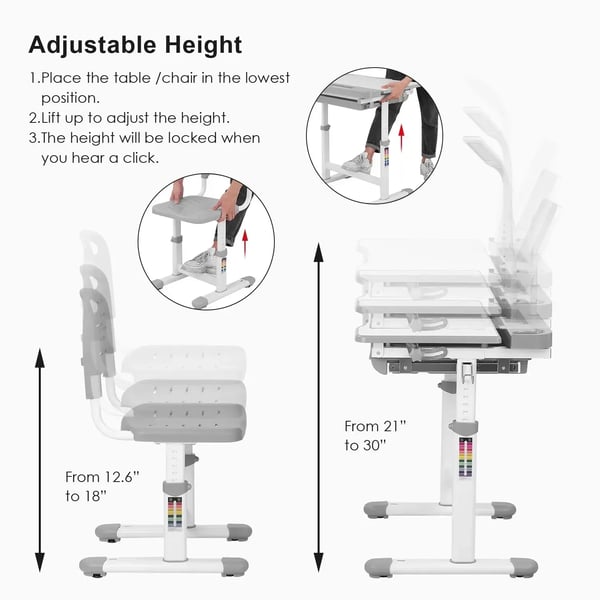Børneskrivebord og stol - Sæt - Højdejusterbar - Med LED-lampe - Skuffe - Bogholder - 74,5 x 66,5 x 49,5 cm - Lysegrå