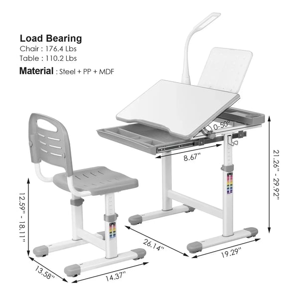 Børneskrivebord og stol - Sæt - Højdejusterbar - Med LED-lampe - Skuffe - Bogholder - 74,5 x 66,5 x 49,5 cm - Lysegrå