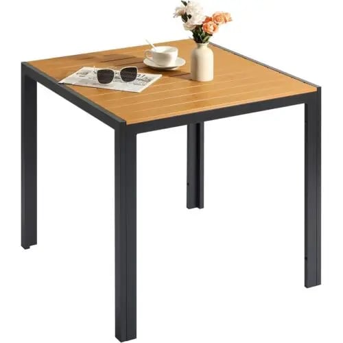 Puutarhapöytä - Ulkoruokapöytä - Alumiinirunko - WPC-kansi puujäljitelmä - Sään ja Lämmön Kestävä - Liukuesteet - Neliö 75x75x72 cm - Musta Runko