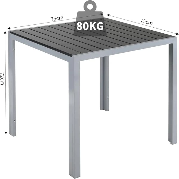 Puutarhapöytä - Neliö ulkoruokapöytä - Alumiinirunko hopea - WPC komposiitti - Sään ja lämmönkestävä - 4 hengelle - 75×75×72 cm - Tummanharmaa