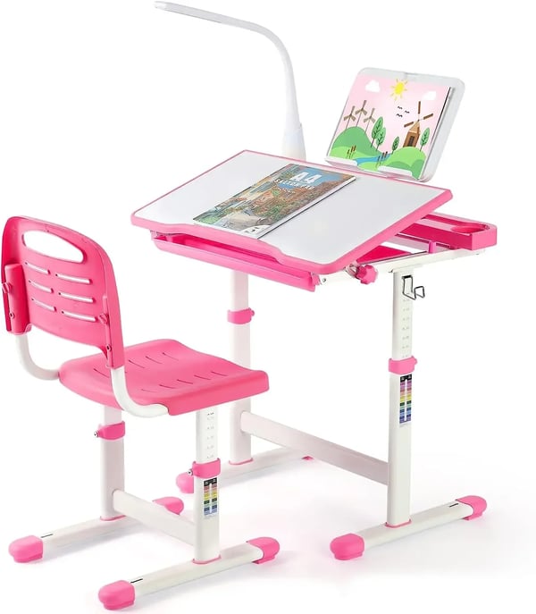 Barnskrivbord med stol - Höj- och sänkbart set - LED-lampa - Låda - Bokstöd - Plast - 74,5 x 66,5 x 49,5 cm - Rosa