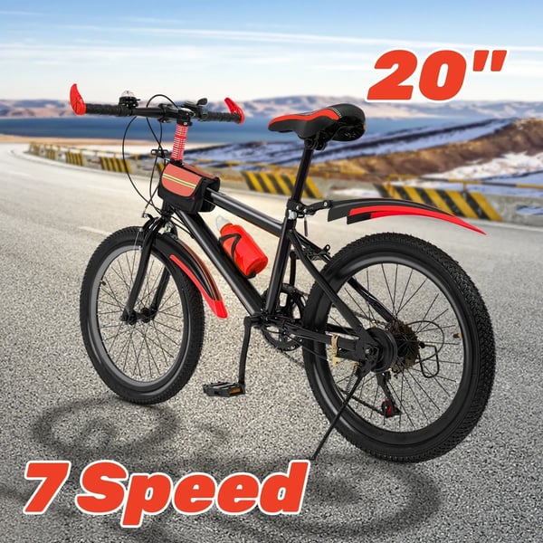 Børnecykel - Mountainbike - 7 Gear - 50 cm Hjul - Bagdæmpning - Kulfiberfælge - Fælgbremse Foran, Fodbremse Bag - Skærme & Flaskeholder - Sort