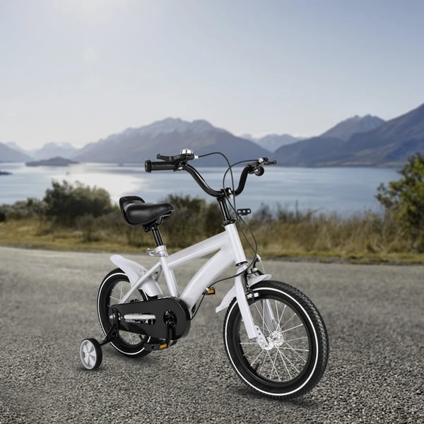 Børnecykel - 35 cm hjul - Kulstofstålramme - Støttehjul - V-bremse foran, navbremse bag - Vægt 8,5 kg - Alder 3–6 år - Hvid