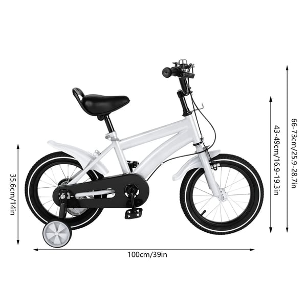 Børnecykel - 35 cm hjul - Kulstofstålramme - Støttehjul - V-bremse foran, navbremse bag - Vægt 8,5 kg - Alder 3–6 år - Hvid