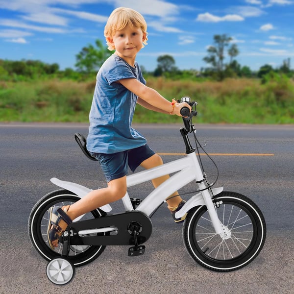 Børnecykel - 35 cm hjul - Kulstofstålramme - Støttehjul - V-bremse foran, navbremse bag - Vægt 8,5 kg - Alder 3–6 år - Hvid