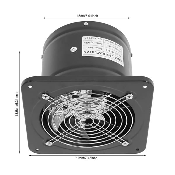 Poistoilmapuhallin - Seinä/Ikkuna - 15 cm, 40 W, 110 V 60 Hz, Kuparimoottori 2600 rpm, Metalli (Rauta), 60–70 dB - Musta