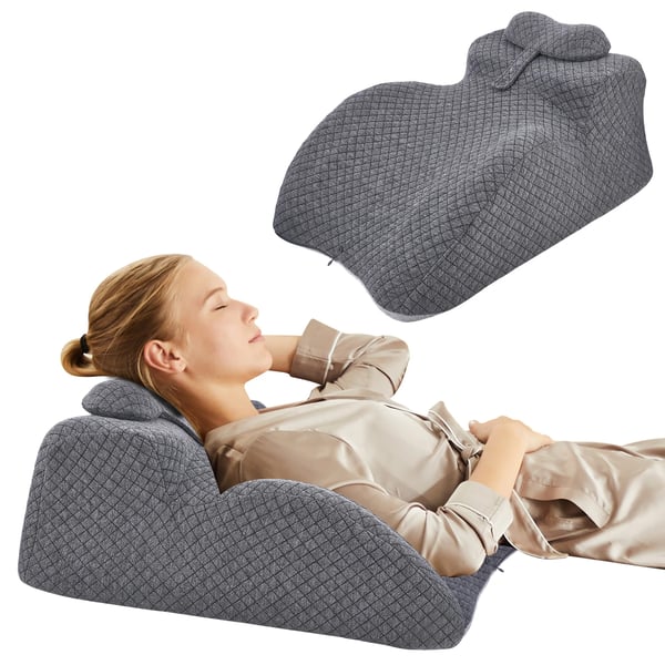 Rygpude til seng - Kilepude - Hukommelsesskum - Rygstøtte ved siddende stilling - Hjælper mod reflux & snorken - Polyester/bomuld - Mørkegrå