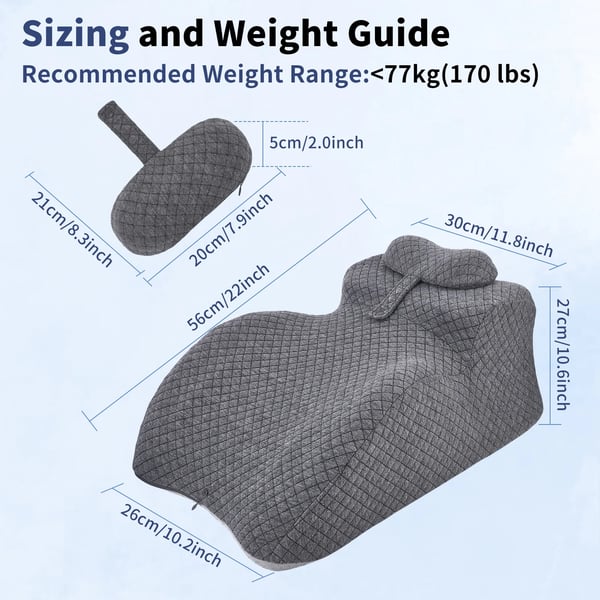Rygpude til seng - Kilepude - Hukommelsesskum - Rygstøtte ved siddende stilling - Hjælper mod reflux & snorken - Polyester/bomuld - Mørkegrå