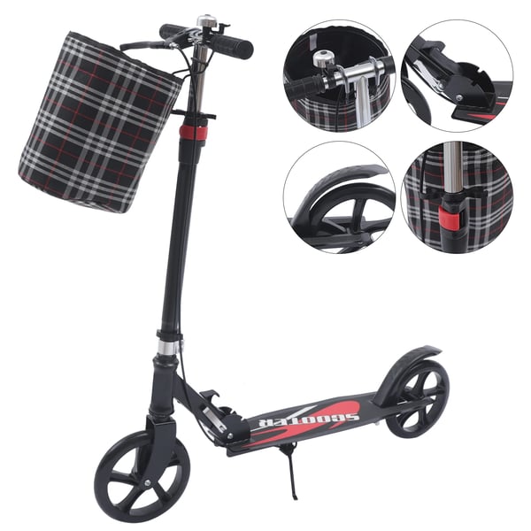 Hopfällbar Sparkcykel - Kickbike för Vuxna & Barn - Höjdjusterbar 91–106 cm - Stora 21 cm Hjul - 2 Hjul - Maxlast 150 kg - Korg 2,27 kg - Svart