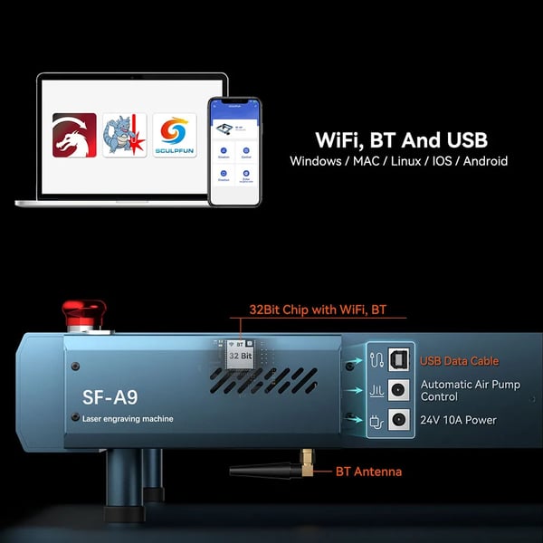 Diodelaser graveringsmaskine - SF-A9 - 40 W - 400×400 mm - 36.000 mm/min - Wi‑Fi 2,4 GHz & Bluetooth 4.2 - PC & mobilapp-kompatibel - Blå/Sort