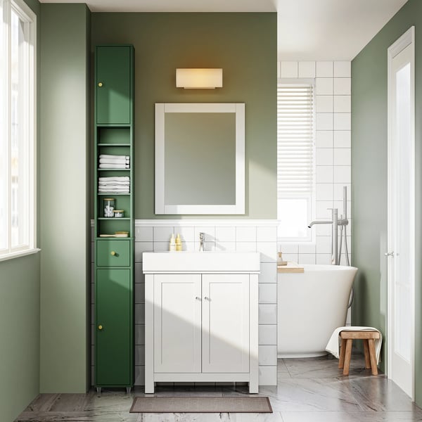 BZR34-II-SH - Högt badrumsskåp - Justerbara hyllor i massivt trä - Platsbesparande smal design - Montering krävs - Grön