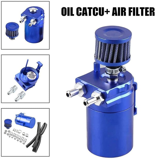 Oil Catch Can - Olieudskiller - 300 ml - Aluminium - Universal Bil - Med Luftfilter og Slange - Blå
