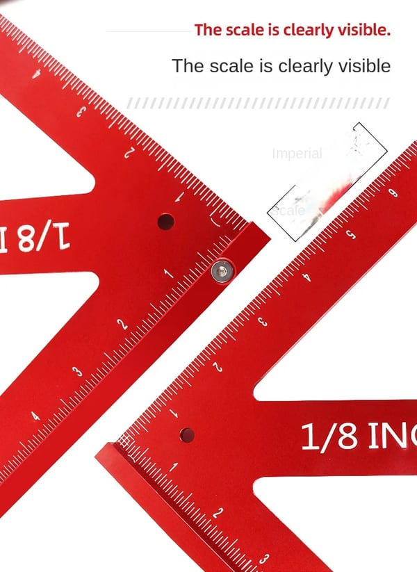 Trekantet tømrervinkel - Vinkelmåler - Aluminiumslegering 40,6 cm - Høj præcision - 90°/45° - Dobbeltskala metrisk/imperial - Rød